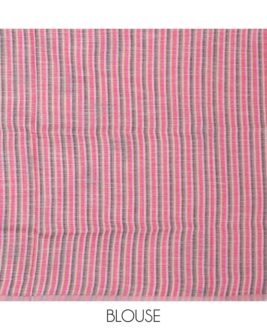Pink striped and geometric buttas printed cotton saree, zari border and pallu of geometric print