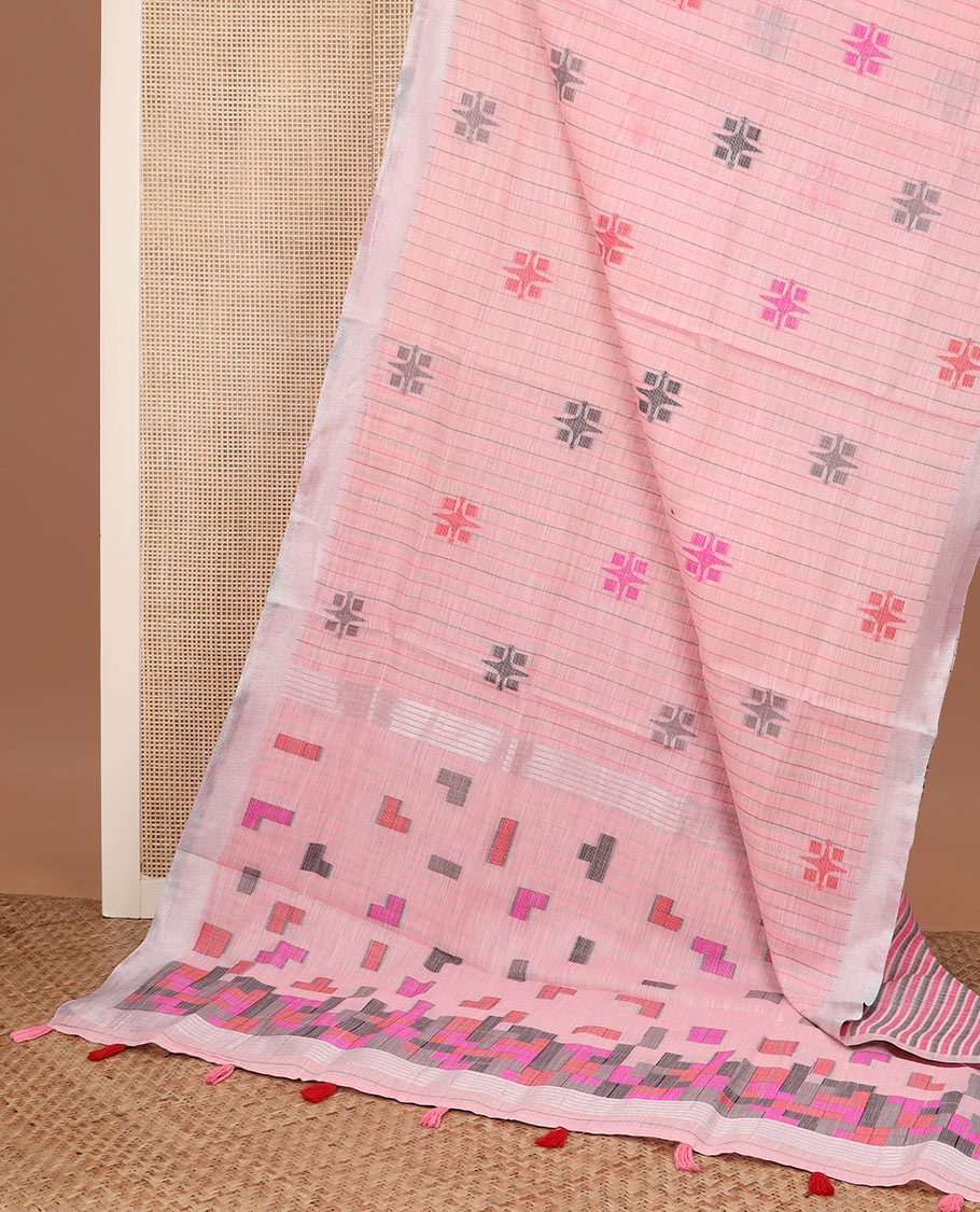 Pink striped and geometric buttas printed cotton saree, zari border and pallu of geometric print