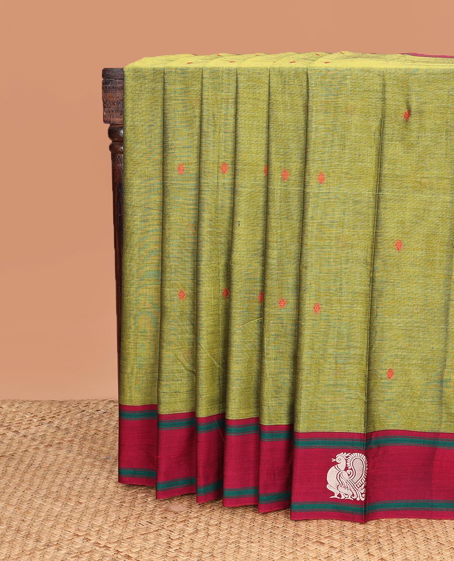 Green thread buttas Narayanapet cotton saree, contrast peacock motifs border, and pallu of stripes