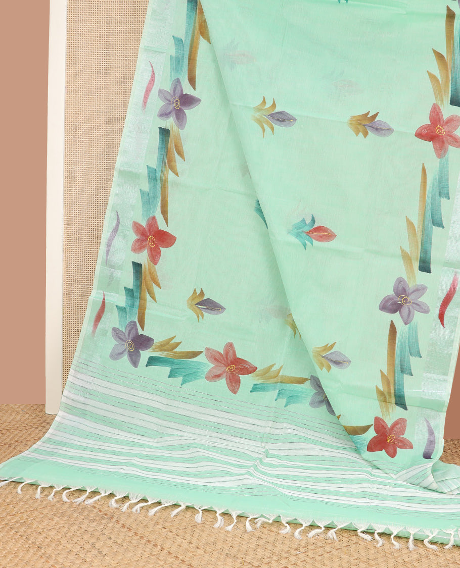 Green hand brushing style colorful floral printed jute cotton saree, zari with printed border, and striped pallu