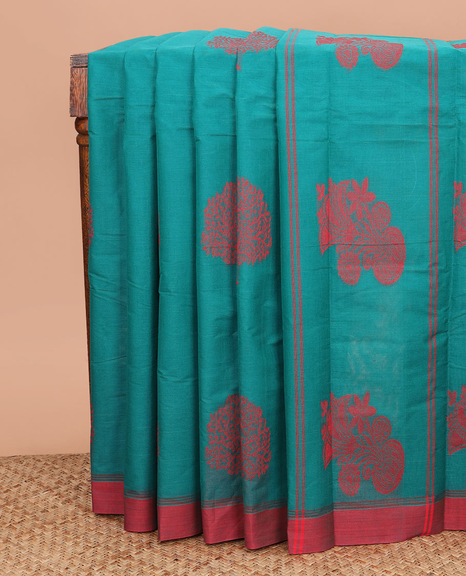 Ramar blue tree buttas kanchi cotton saree, contrast plain border, and floral potted pallu