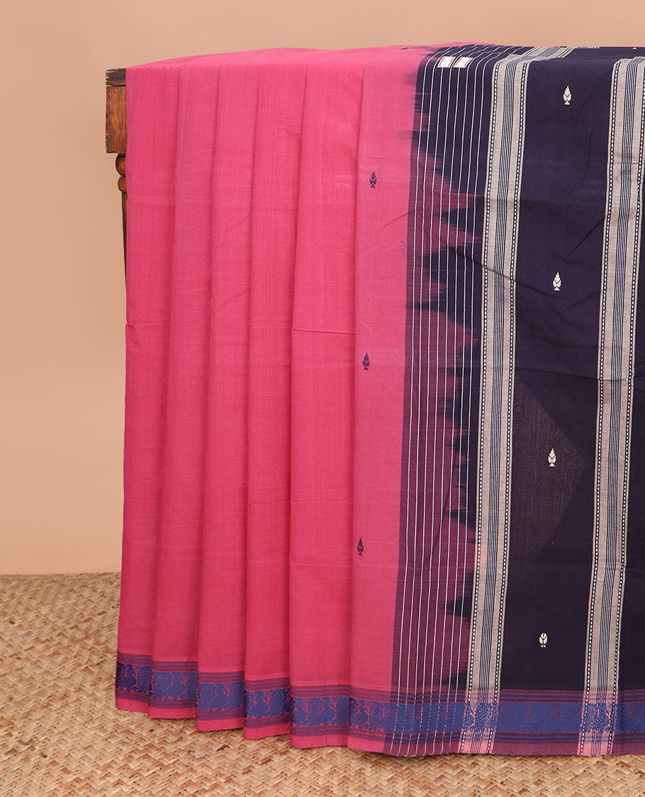 Pink buttas Andhra cotton saree, peacock motifs border, and contrast pallu of stripes and buttas