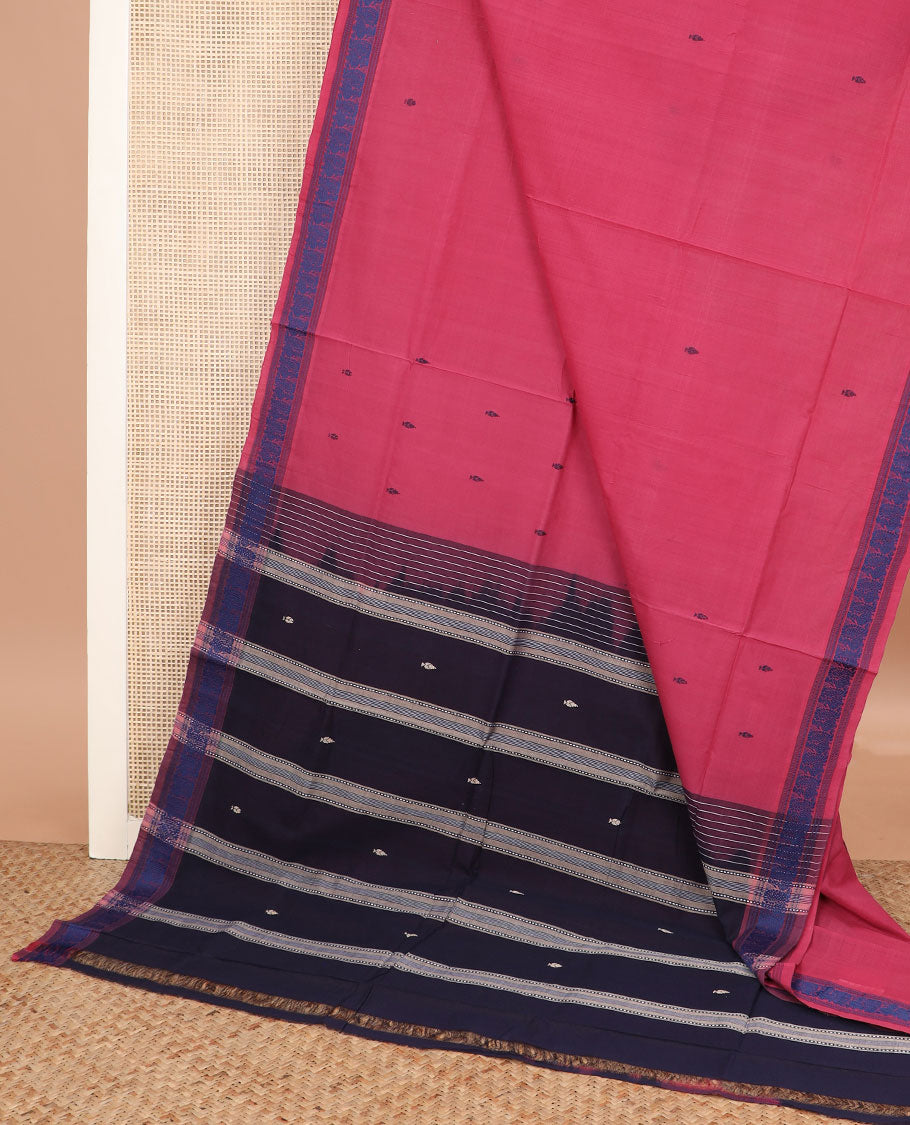 Pink buttas Andhra cotton saree, peacock motifs border, and contrast pallu of stripes and buttas
