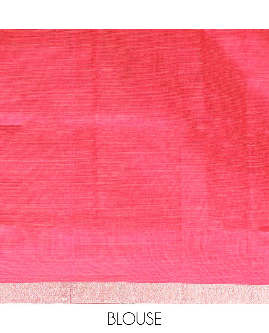 Pastel pink floral bouquet embroidered chirala cotton saree, plain border, and contrast block printed pallu