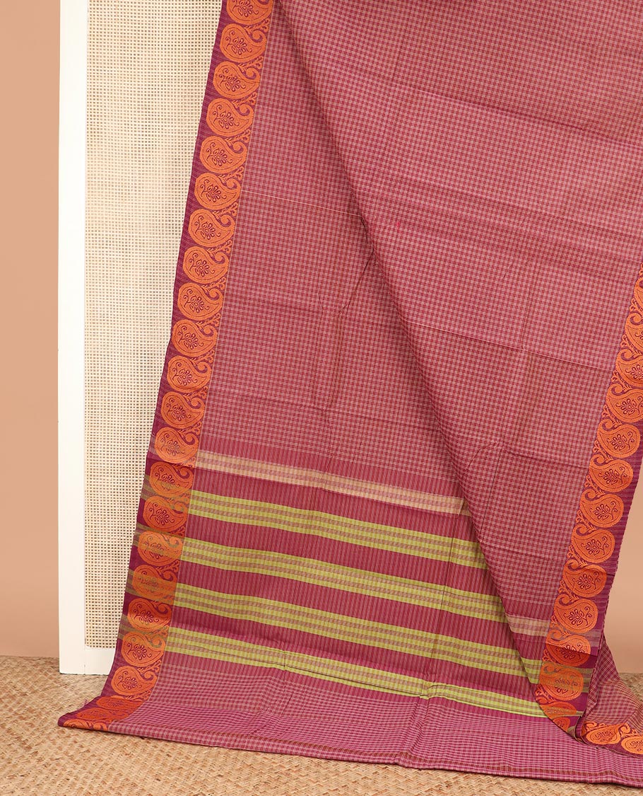 Red micro-checked Chettinad cotton saree, paisley design border, and striped pallu