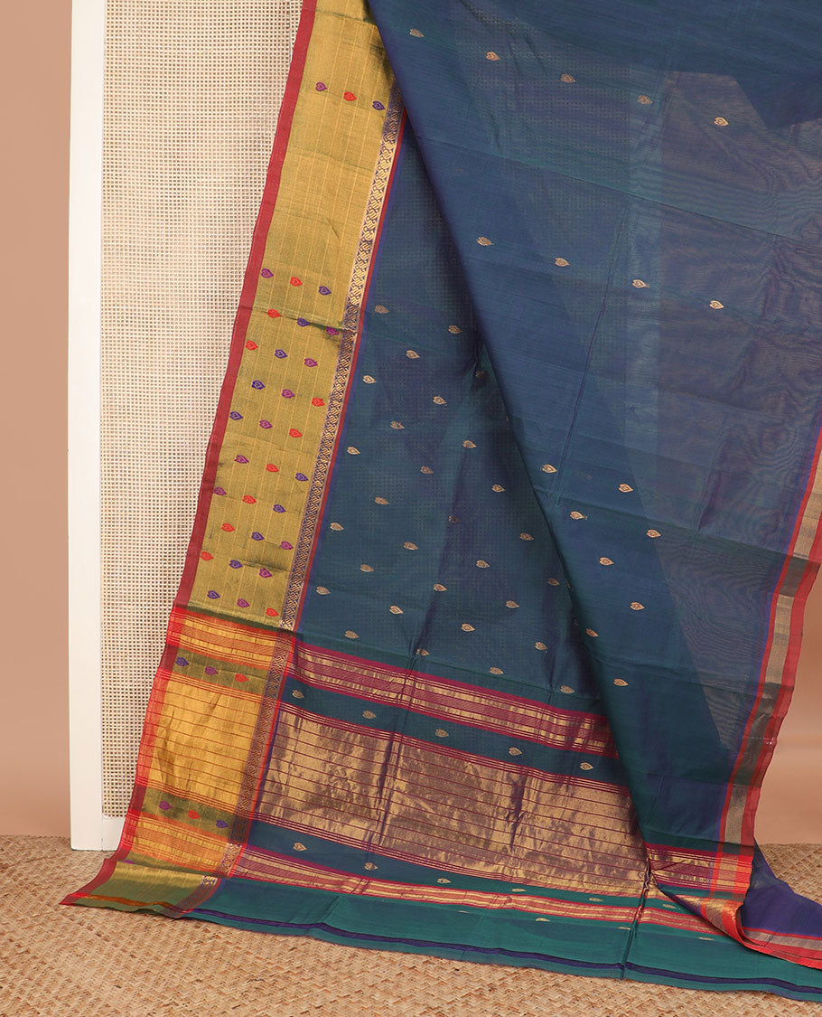 Blue zari buttas Venkatagiri cotton saree, contrast zari and thread work border, and zari striped pallu