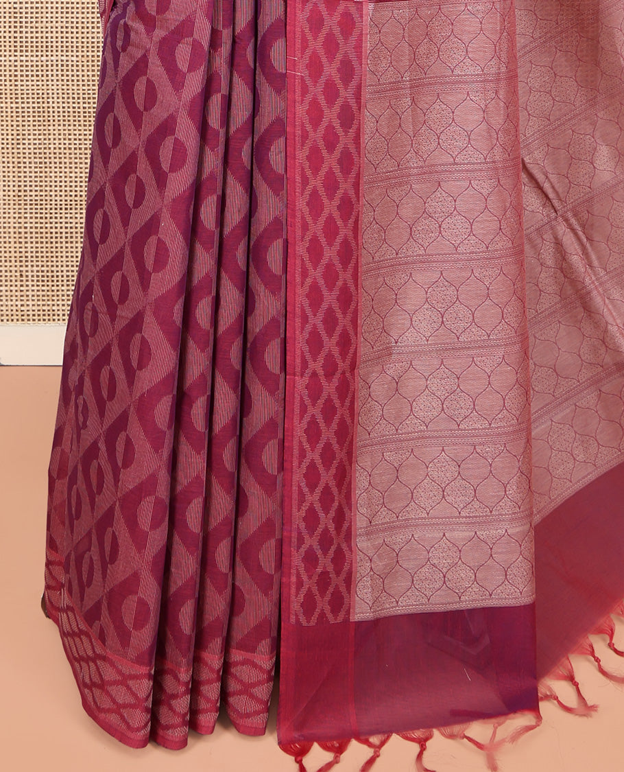 Red Coimbatore Cotton Saree, Elevated with Geometric Design on Its Body, a Subtle Diamond Border, Pallu of Ogee Patterns, and Paired with Matching Blouse