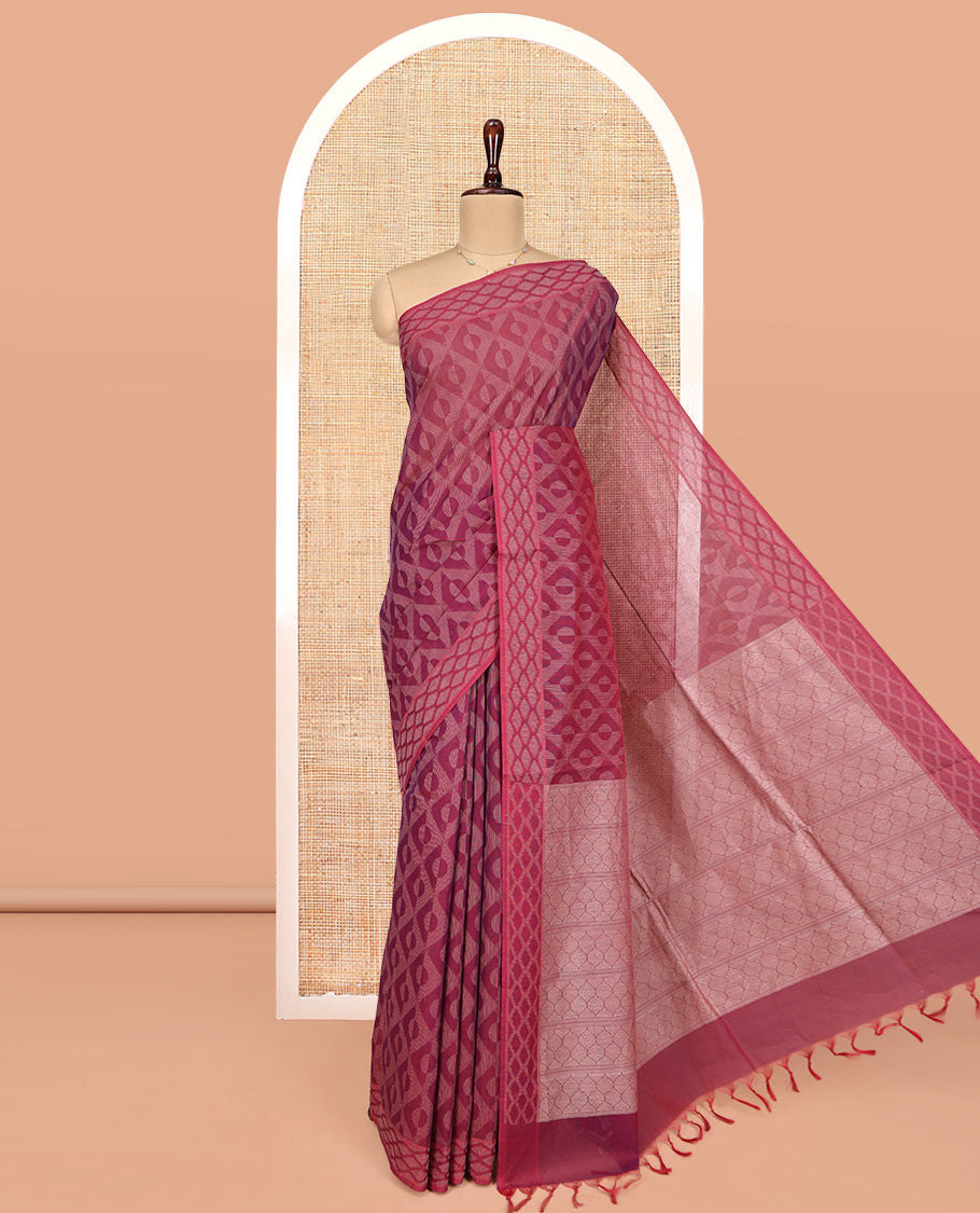 Red Coimbatore Cotton Saree, Elevated with Geometric Design on Its Body, a Subtle Diamond Border, Pallu of Ogee Patterns, and Paired with Matching Blouse