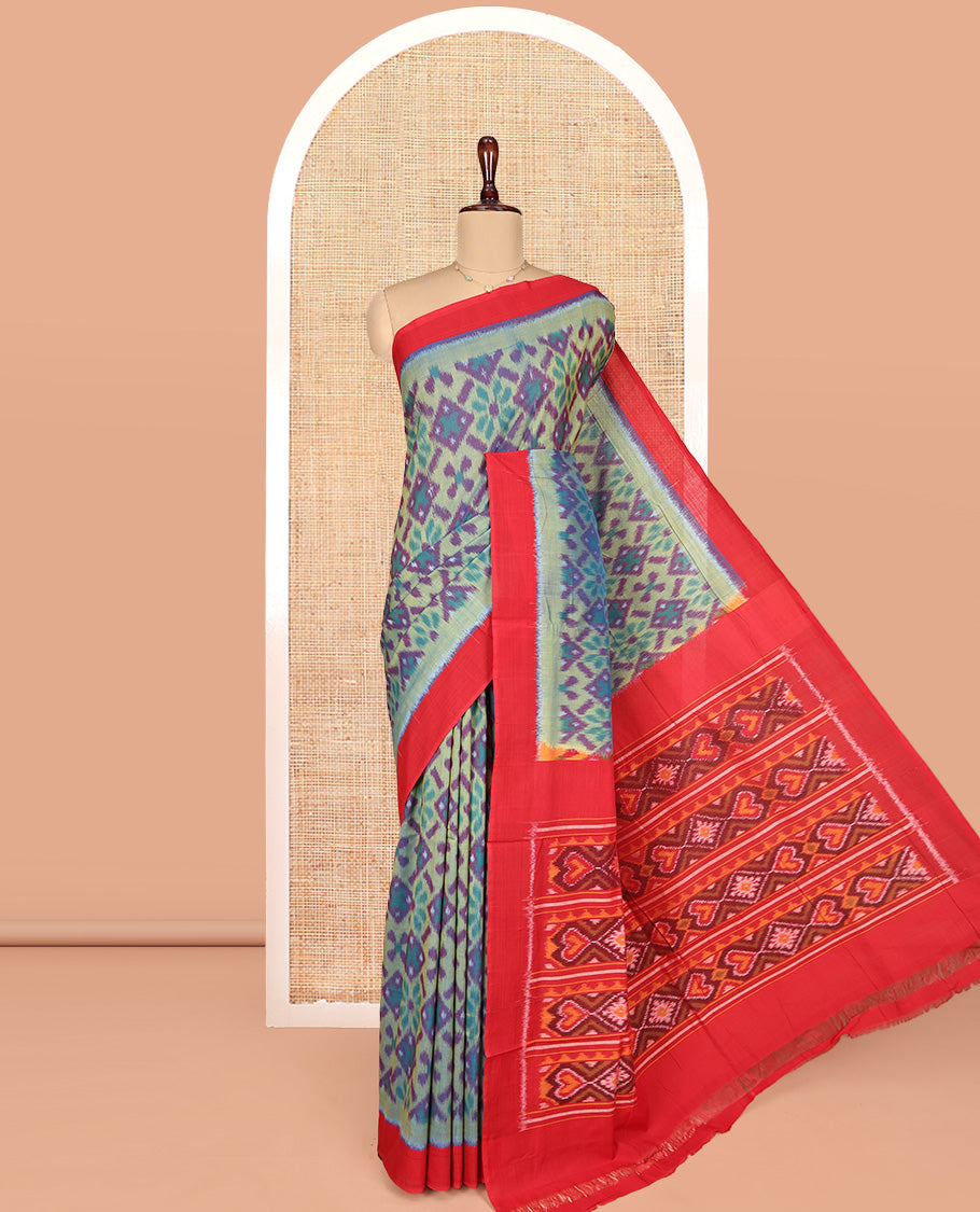 Multi-Color Ikkat Cotton Saree, Bedecked with Ikkat-Style Intricately Design All Over Its Body, Complemented by a Contrast Border, Pallu of Ikkat Patterns, and Paired with a Contrast Blouse