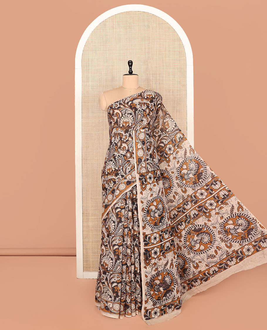 Borderless Brown Kalamkari Cotton Saree, Ornamented with Intricately Floral Print, Self-Pallu of Peacock Motifs, and a Matching Blouse