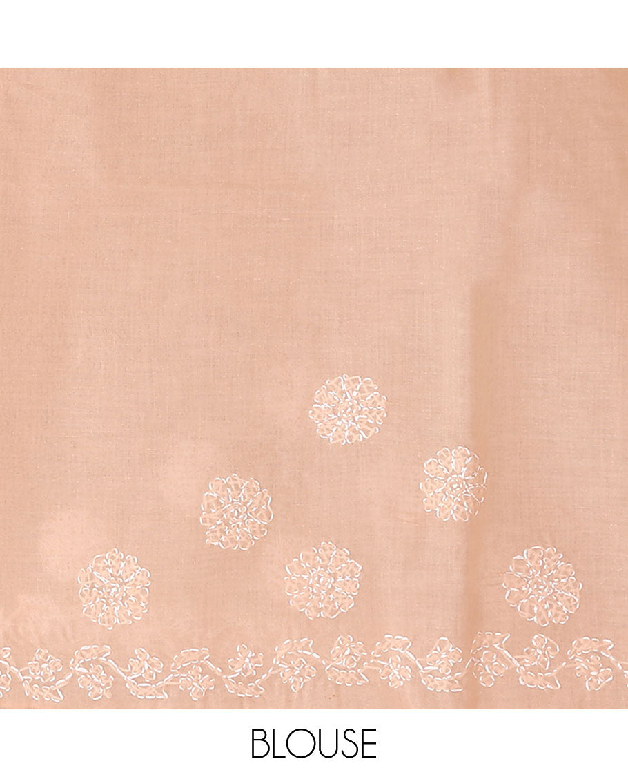 Peach floral thread embroidered buttas Lucknowi chikankari saree, floral creeper thread embroidered border, and floral embroidered pallu
