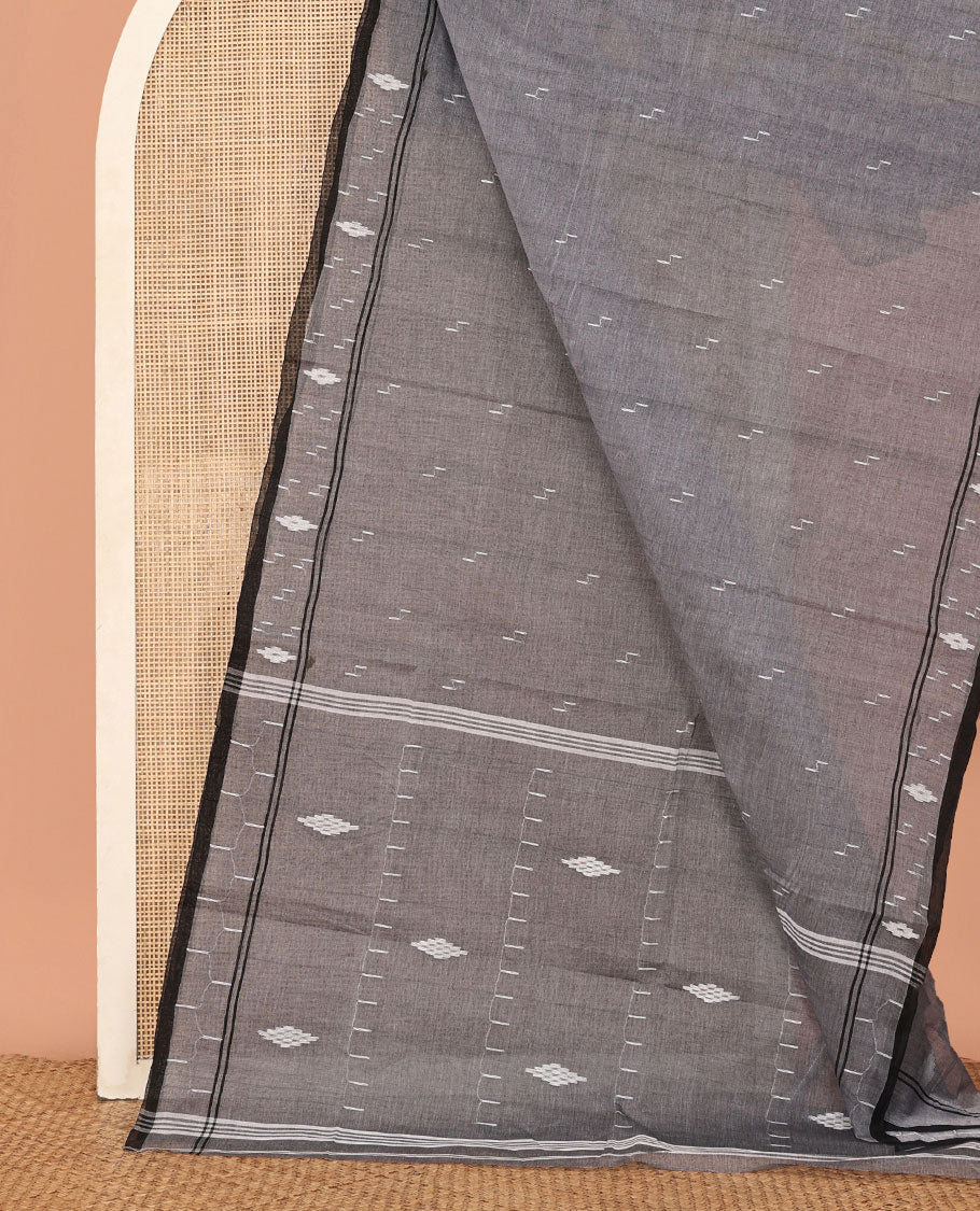 Grey Bengal Cotton Saree Delicately Woven with Temple Thread Buttas, a Self-Border, Self-Pallu, and No Blouse