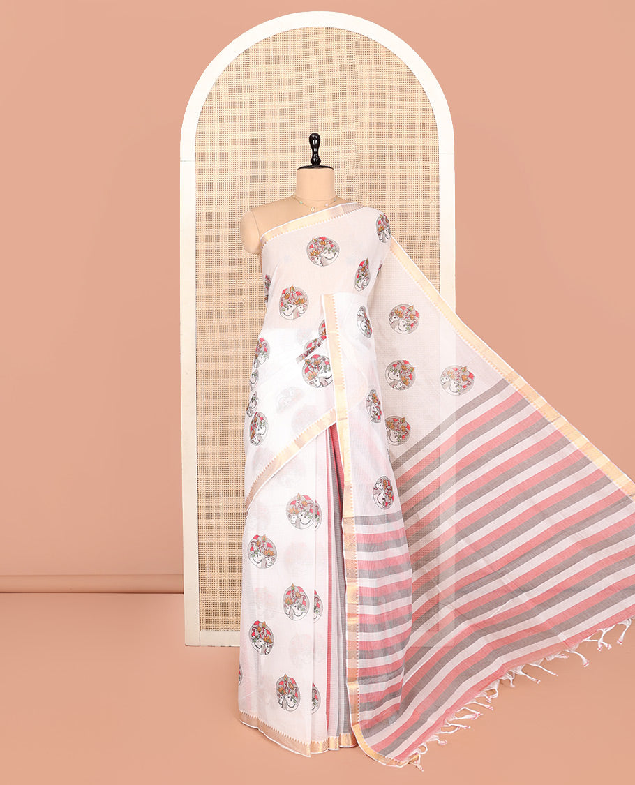 White Andhra Cotton Saree, Subtly Enriched with Pichwai Cow Buttas, Highlighted by a Temple Zari Border, Striped Pallu, and a Contrast Blouse