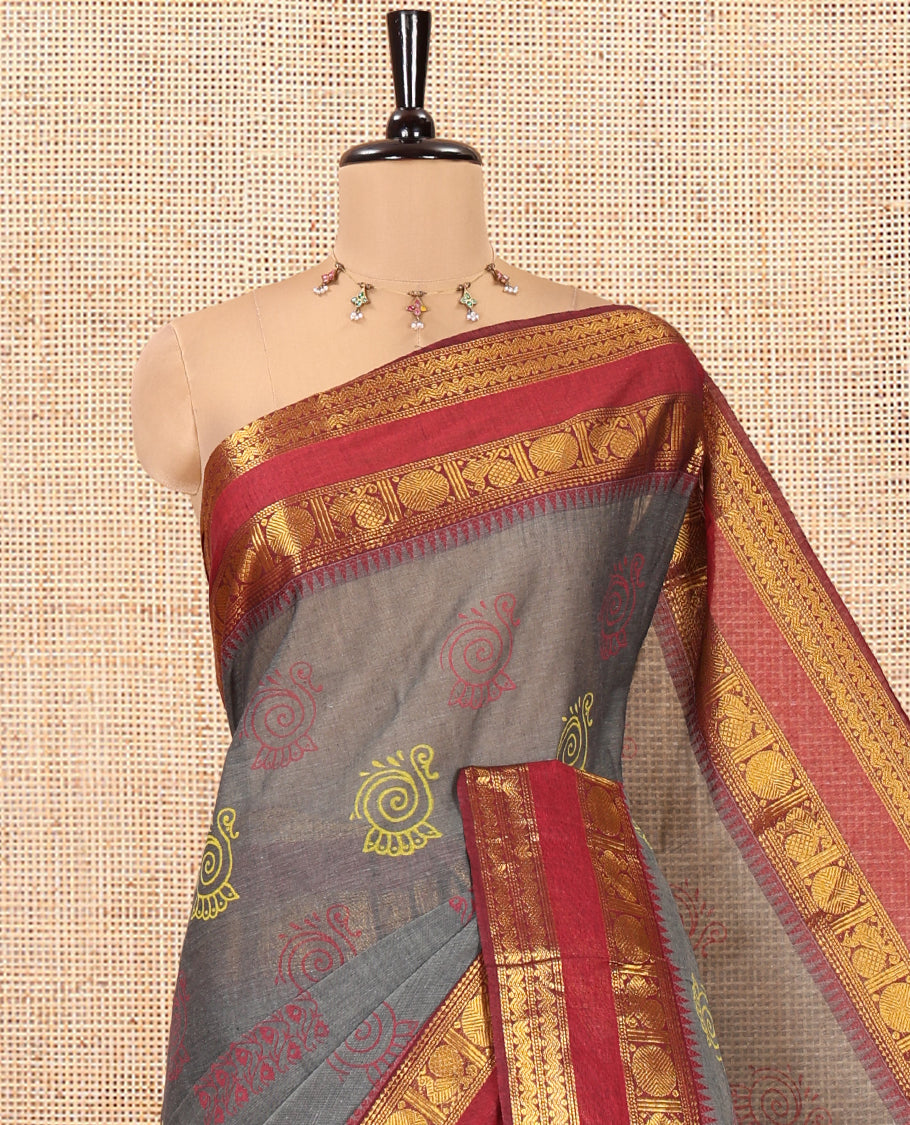 Grey-Red Andhra Cotton Saree, Decorated with Motifs Print, a Contrast Rettai Pettu Traditional Border, Pallu of Stripes, and Contrast Blouse