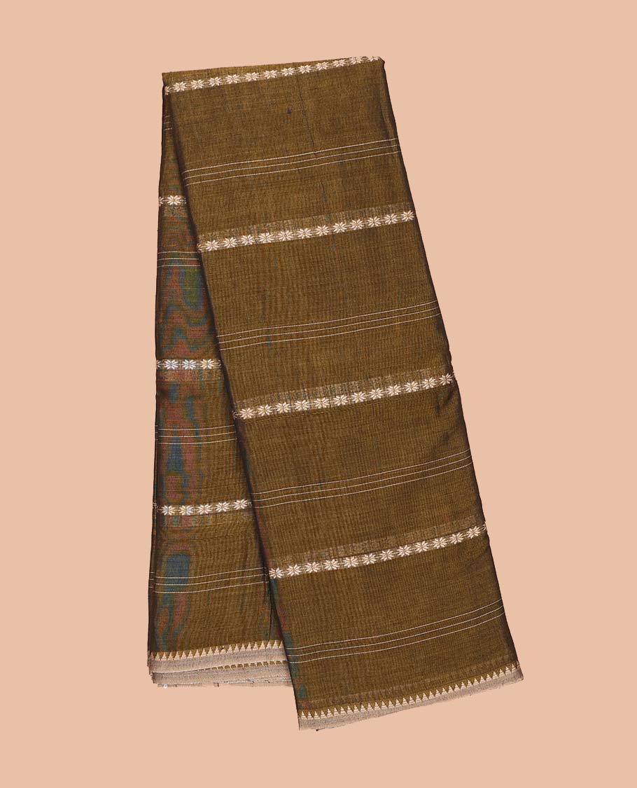 Green striped Narayanapet cotton saree with self temple border & striped pallu