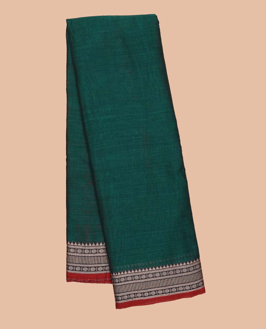 Green plain Narayanapet cotton saree, contrast traditional design border & striped pallu