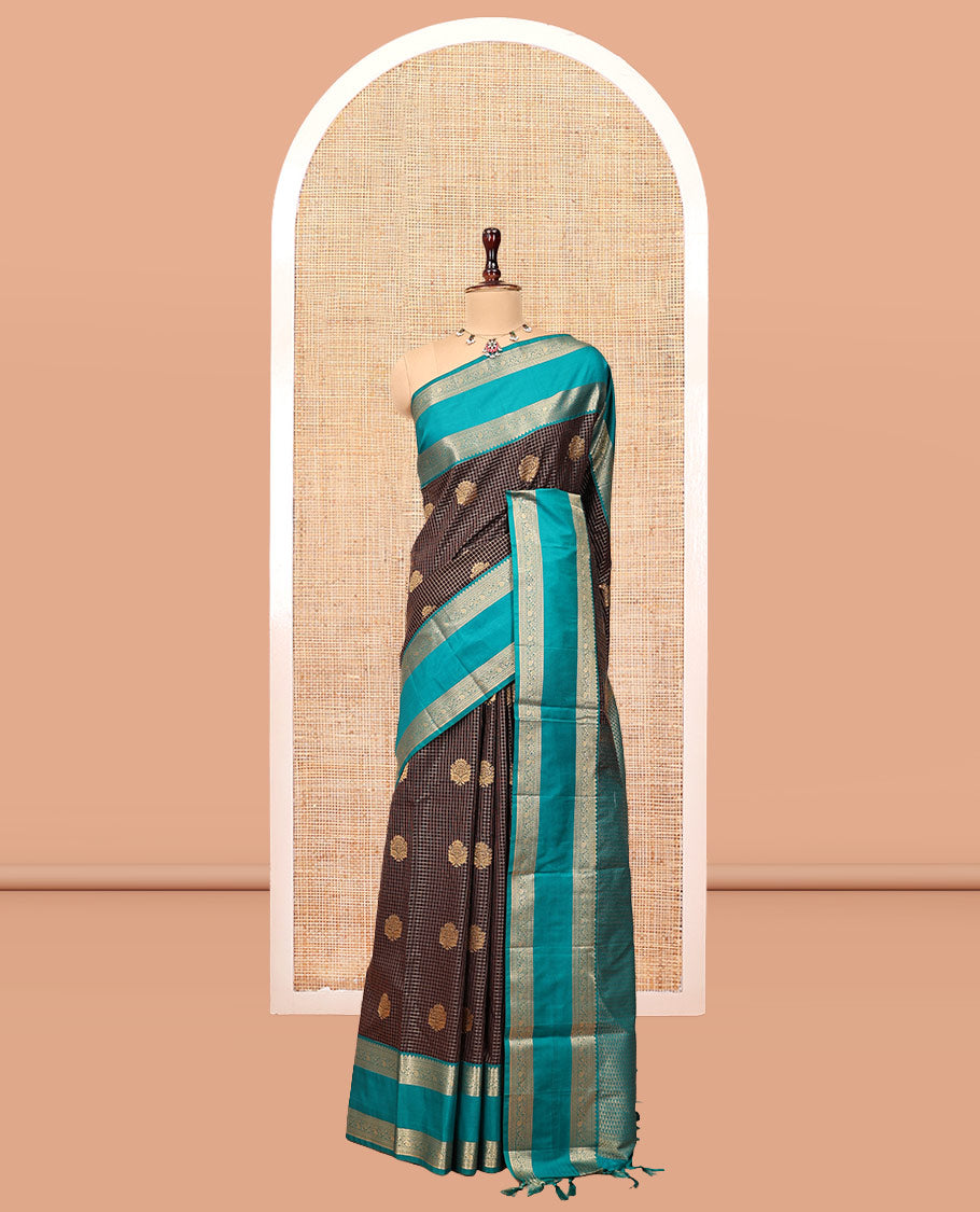 Coffee Brown-Rama Green Zari Design Budget Silk Saree,Contrast Rettai Pettu Zari Border,Jaal Pallu,Contrast Blouse
