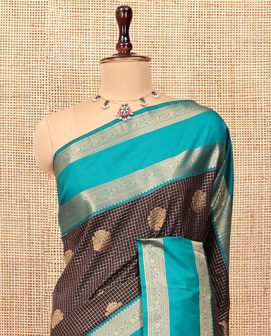 Coffee Brown-Rama Green Zari Design Budget Silk Saree,Contrast Rettai Pettu Zari Border,Jaal Pallu,Contrast Blouse