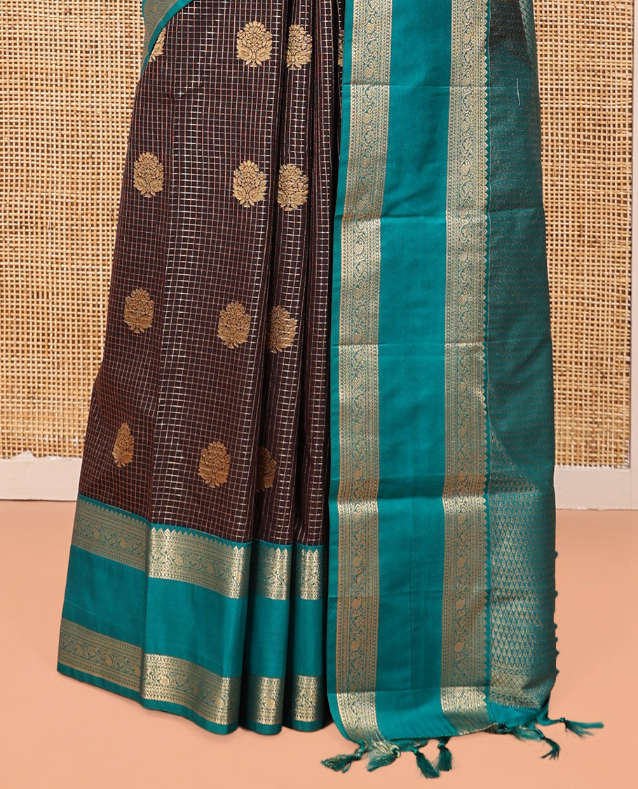 Coffee Brown-Rama Green Zari Design Budget Silk Saree,Contrast Rettai Pettu Zari Border,Jaal Pallu,Contrast Blouse