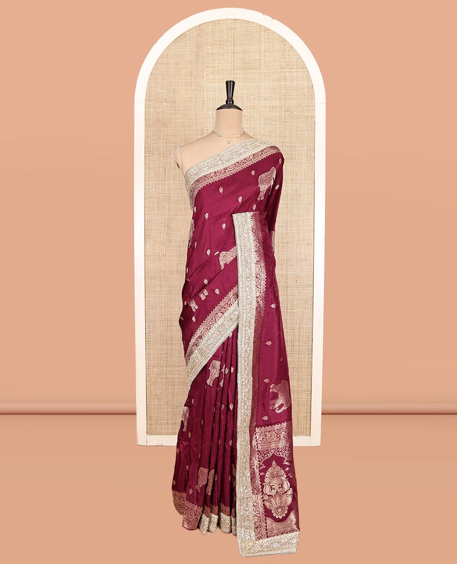 Wine Elephant Buttas Russian Dola Silksaree,Embroidery Patch Border,Matching Blouse