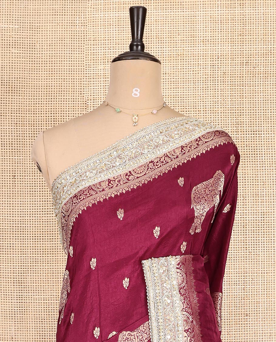 Wine Elephant Buttas Russian Dola Silksaree,Embroidery Patch Border,Matching Blouse