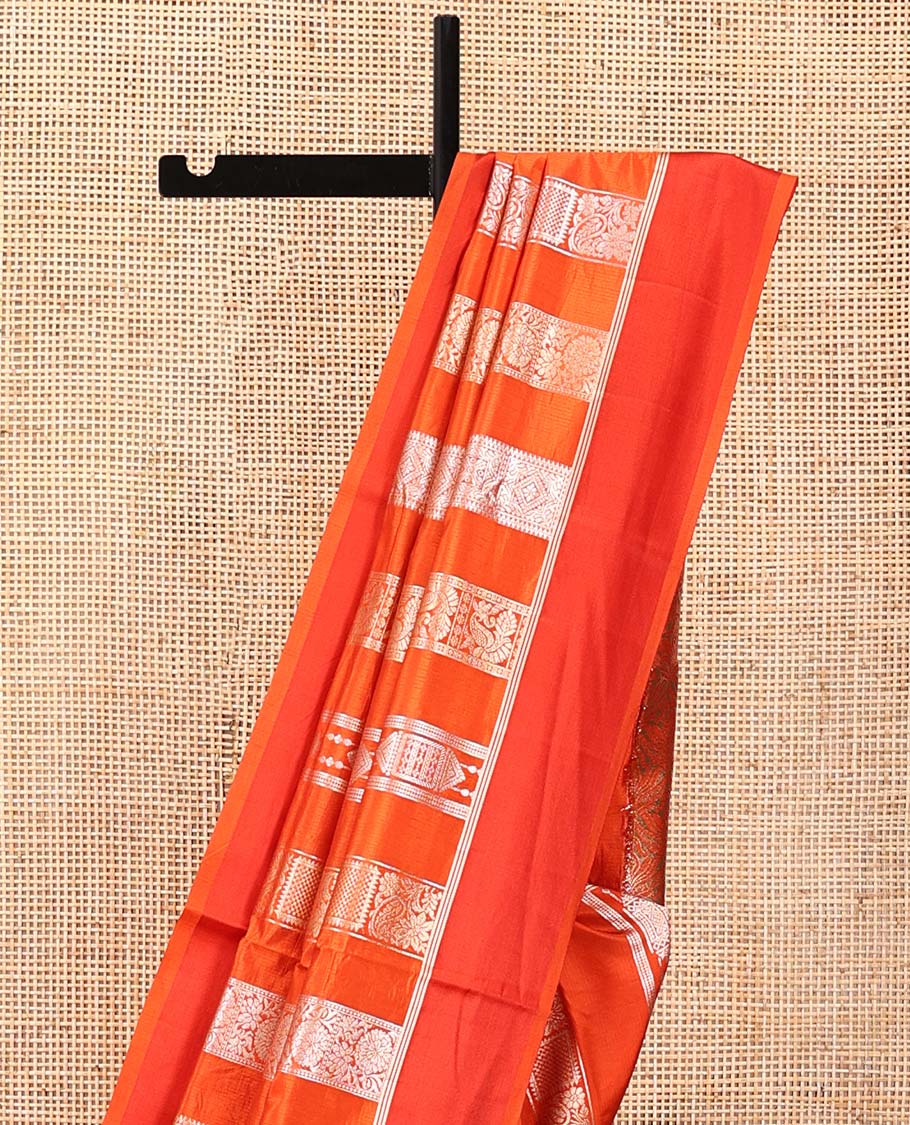 Orange Dupion Silk Saree, Richly Features Vertically Woven Traditional Patterns in Zari, Complemented by Contrast Zari Satin Border, Rich Pallu, and Paired with a Matching Blouse