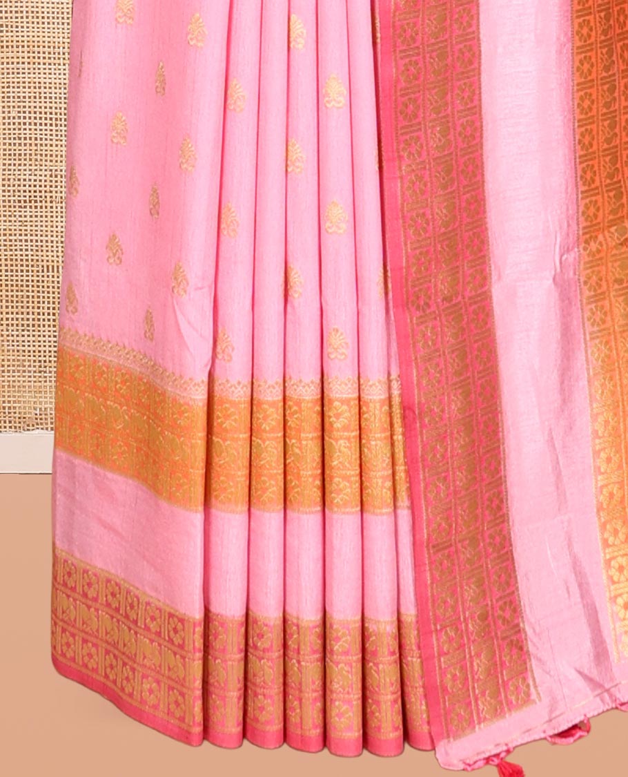 Baby Pink Fancy Raw Silk Saree, Subtly Woven with Buttas, Peacock-Flower Traditional Border, and a Matching Blouse