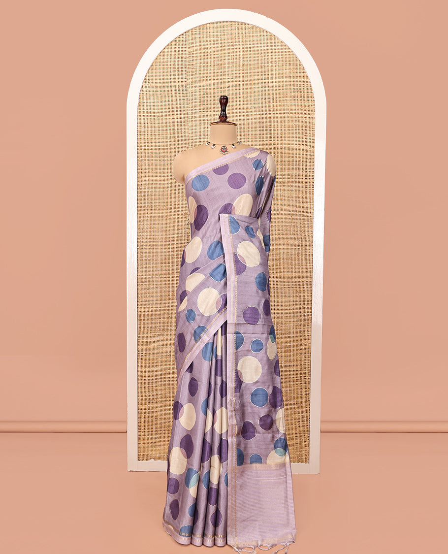 Lavender Fancy Tussar Saree With Polka Dots, Zari Border, Pallu, and Blouse