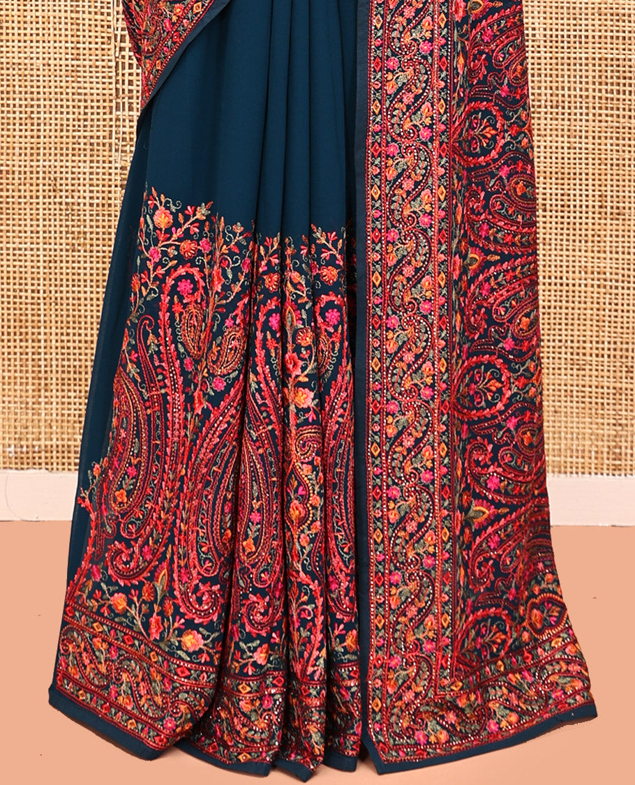 Blue Designer Saree, Delicately Woven with Paisley Mixed Embroidery, a Scallop Mixed Embroidered Border, and a Matching Blouse
