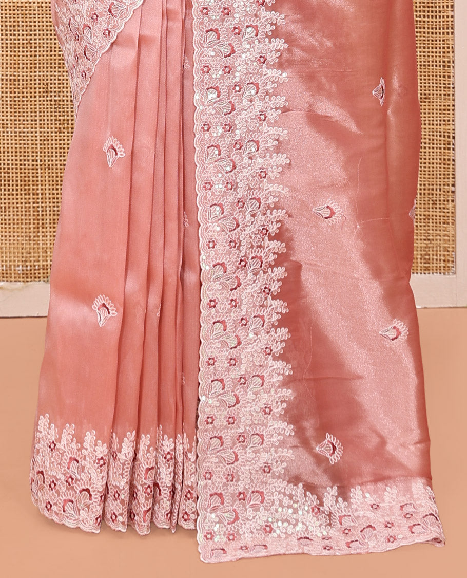 Pink Organza Saree, Spotlighted with Floral Thread Buttas, Scallop Floral Embroidery Border, and Matching Blouse