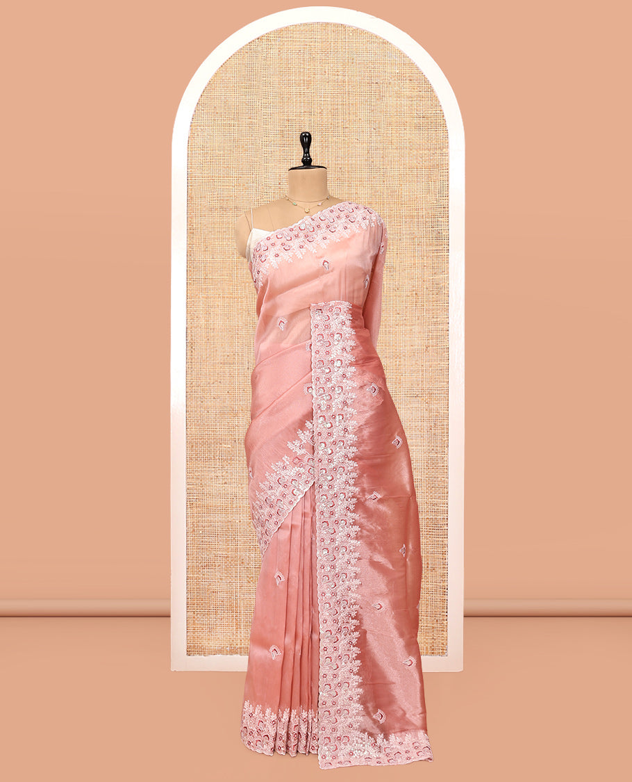Pink Organza Saree, Spotlighted with Floral Thread Buttas, Scallop Floral Embroidery Border, and Matching Blouse