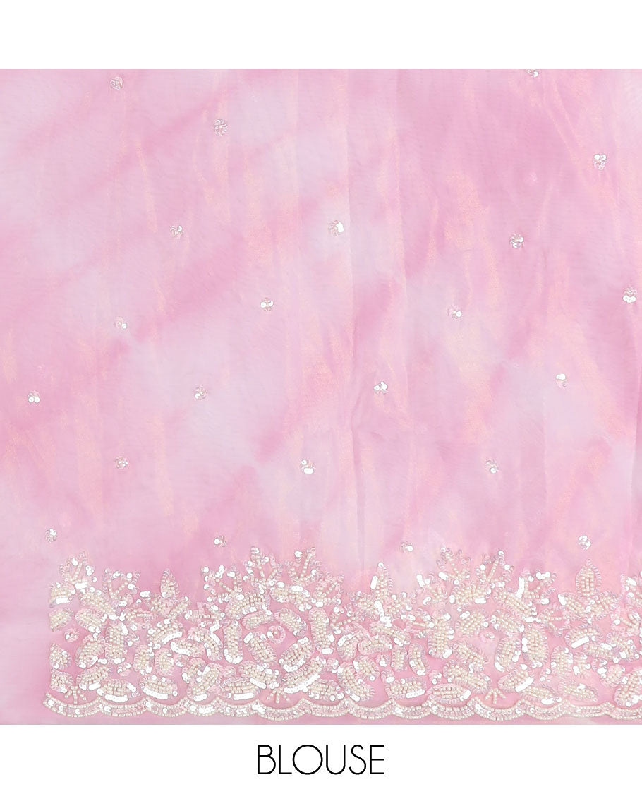 Pink abstract printed with embroidered designer saree, floral designs beads embroidered scallop border