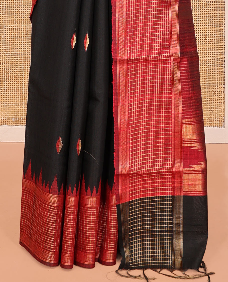 Black Dupion Silk Saree, Subtly Enriched with Buttas, Complemented by Contrast Temple-Checked Border, Temple Pallu, and a Contrast Blouse
