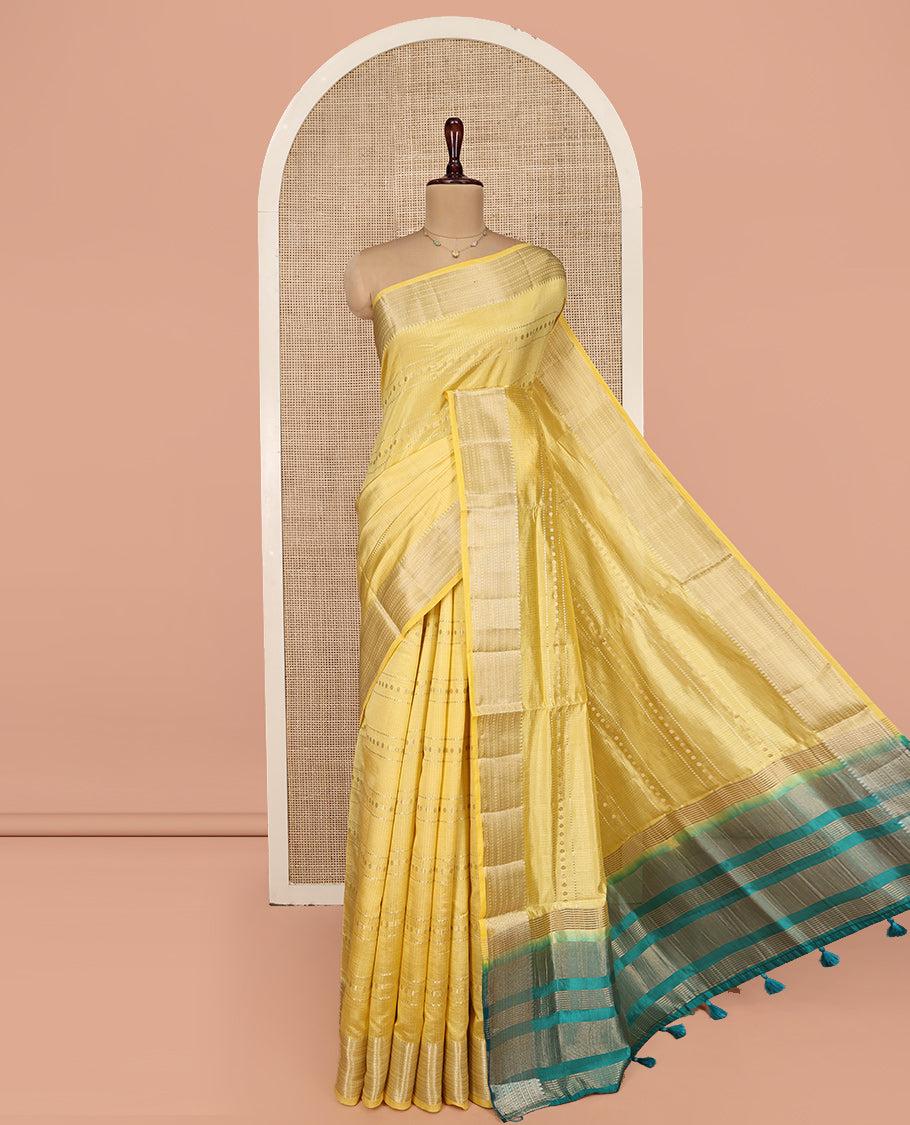 Yellow Dupion Silk Saree, Accentuated with Traditional Zari Designs, Highlighted by Traditional Zari Border, Complemented by a Contrast Zari Striped Pallu, and a Contrast Blouse
