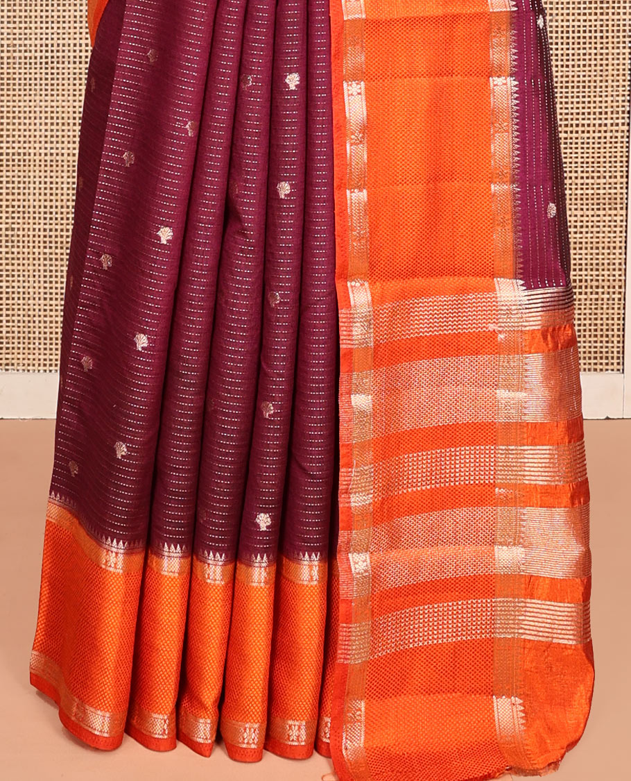 Maroon Semi-Banarasi Dupion Saree, Detailed with Zari Stripes and Buttas, a Contrast Traditional Zari Design Border, Striped Pallu, and a Contrast Blouse