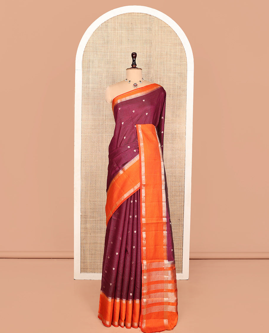 Maroon Semi-Banarasi Dupion Saree, Detailed with Zari Stripes and Buttas, a Contrast Traditional Zari Design Border, Striped Pallu, and a Contrast Blouse
