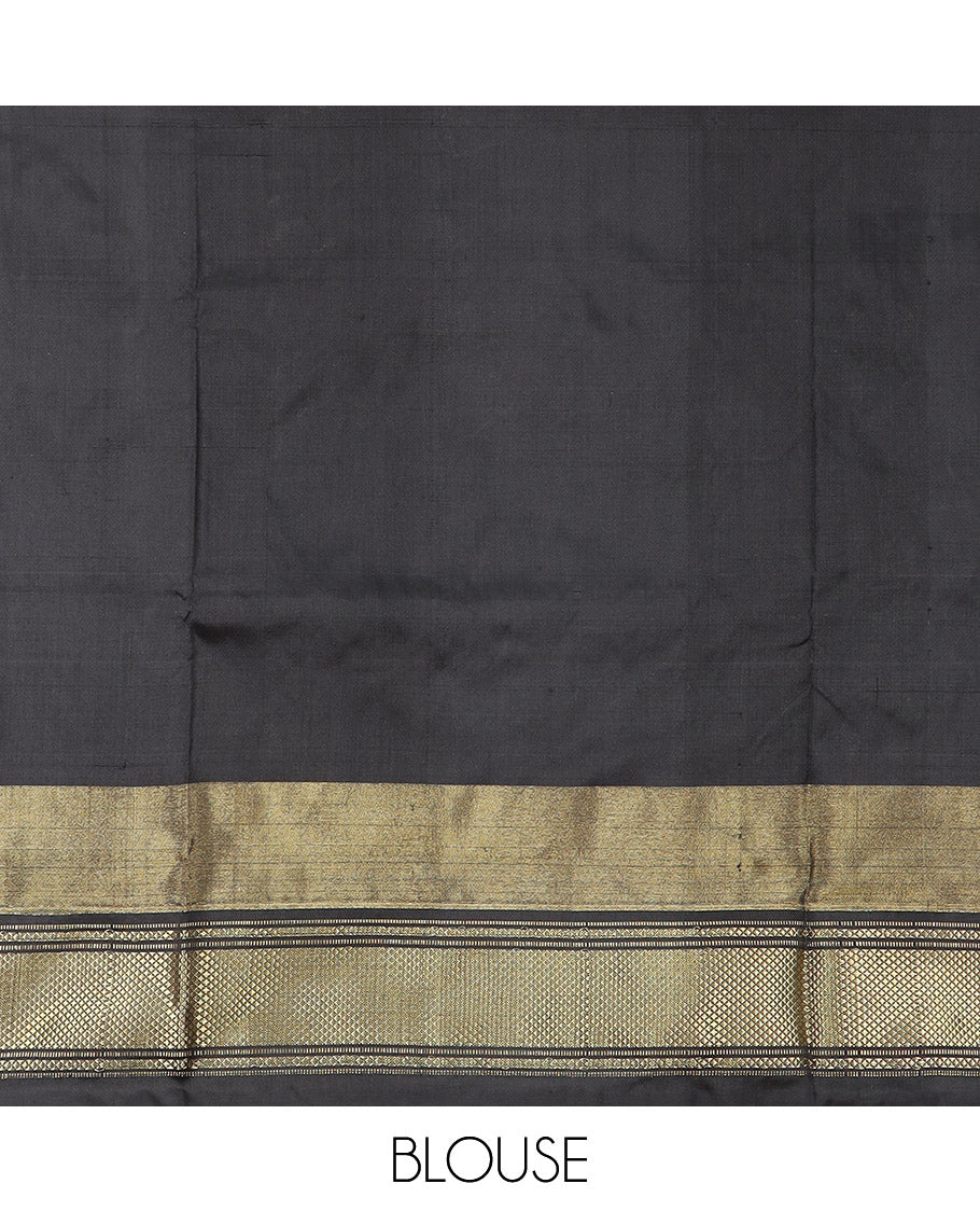Multi-Colour Ikkat Silk Saree Features Warli Human Buttas and Flower Buttas, a Contrast Border Steeped with Traditional Zari Designs, a Pallu of Diamond Patterns, and a Contrast Blouse