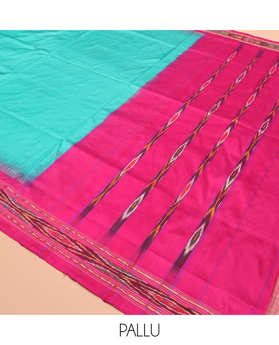 Turquoise Plain Ikkat Silk Saree with a Contrast Pink Border Completed by a Hazy Ikkat Weave, Featuring a Pallu with Stripes and Ikkat Texture