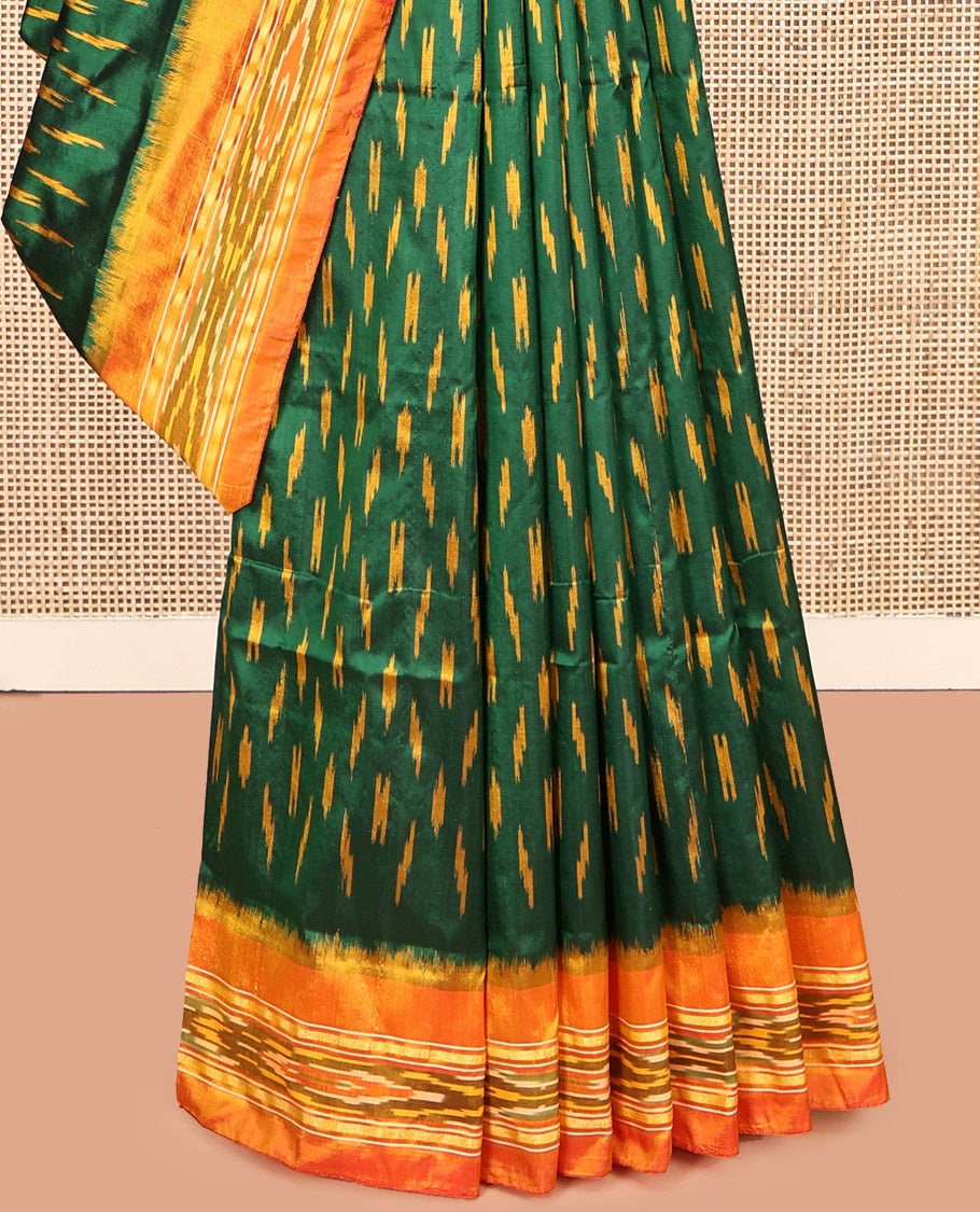 Green Pochampally Ikat Silk Saree, Embellished with Ikat Buttas, Complemented by a Contrast Ikat Border, Ikat-Style Pallu, and No Blouse