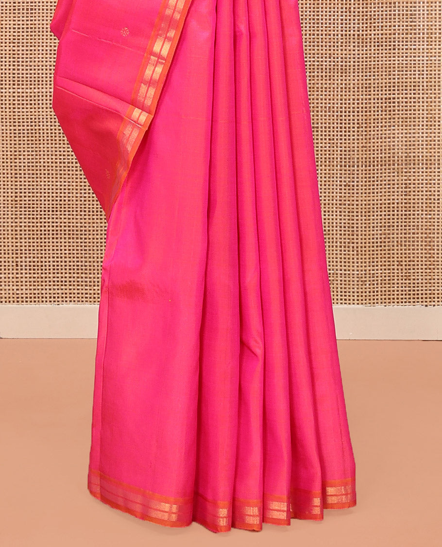Pink Kanchipuram Silk Saree, Decked Up with Zari Buttas All Over Its Body, Complemented by Contrast Zari Piping Border, Pallu of Big Paisleys, and Paired with a Matching Blouse