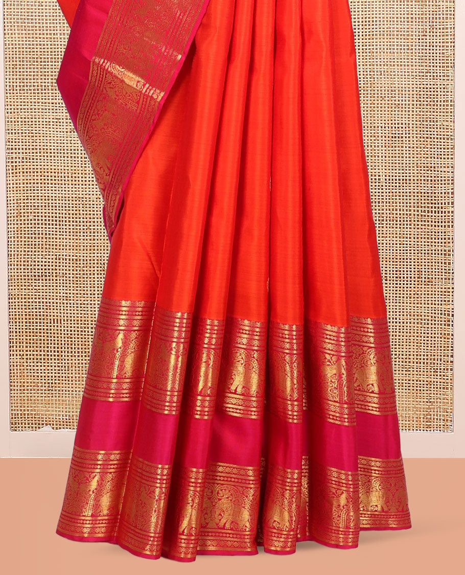 Orange Kanchipuram Silk Saree, Detailed with Zari Buttas, Complemented by Contrast Border of Banaras, Kamalam, and Yaanai Designs, Zari Woven Pallu, and Contrast Blouse