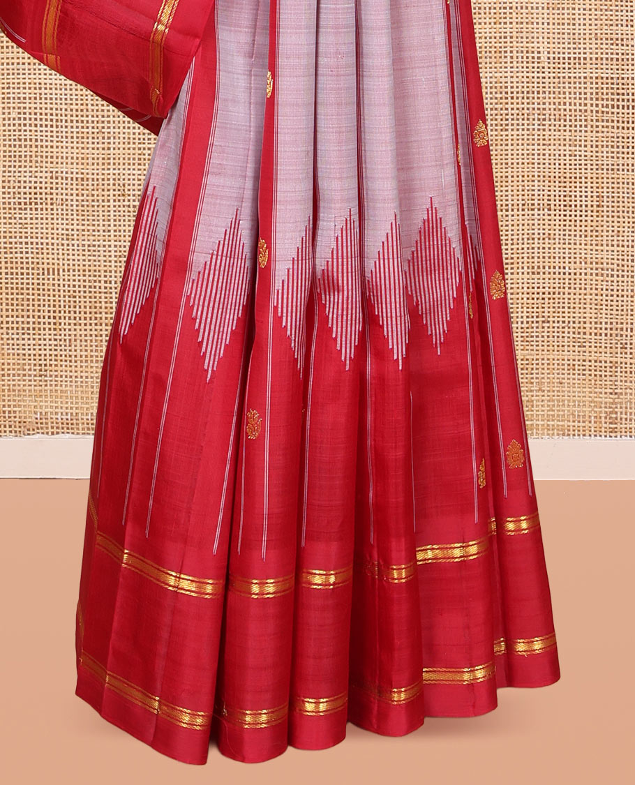 Grey Kanchipuram Silk Saree Featuring Zari Buttas, Complemented by a Contrast One-Sided Thazampoo Rekku Rettai Pettu Border, Zari Design Pallu, and a No Blouse