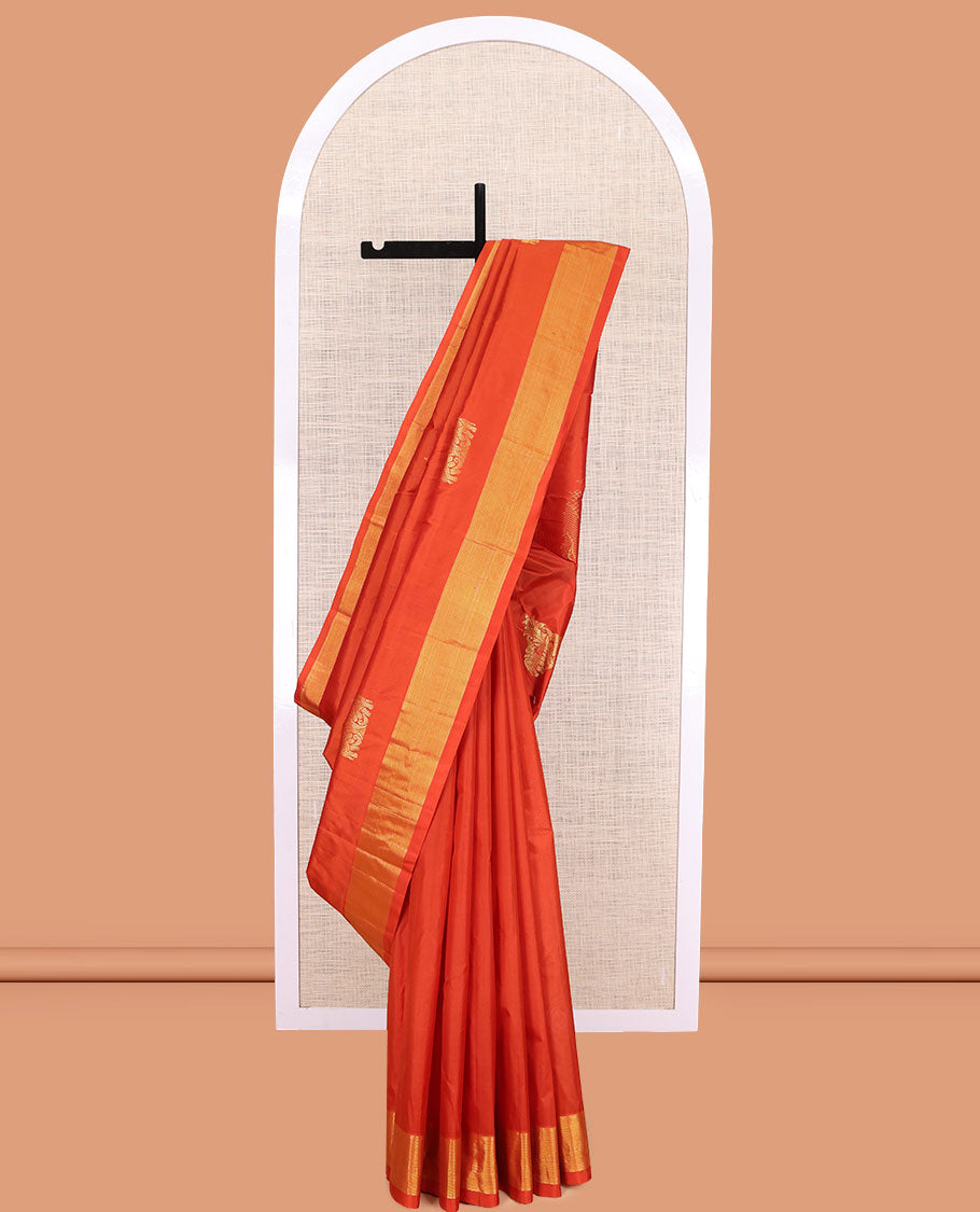 Orange Kanchipuram Silk Saree, Woven with Yaanai Buttas, Highlighted by Zari Border, Pallu of Yaanai Design, and a Matching Blouse