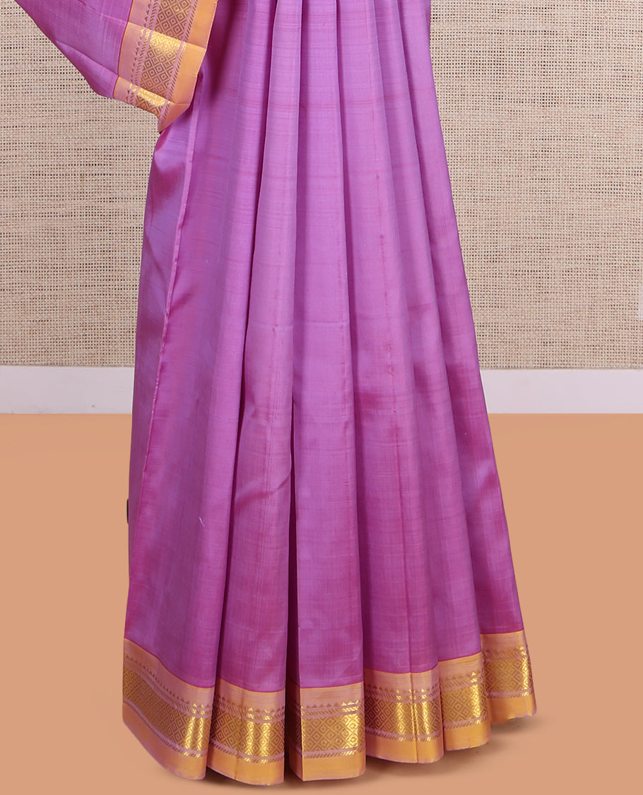 Purple Plain Kanchipuram Silk Saree, a Contrast One-Sided Border of Paneer Sombu, Banaras and Jaal Design, Zari Design Pallu, and No Blouse