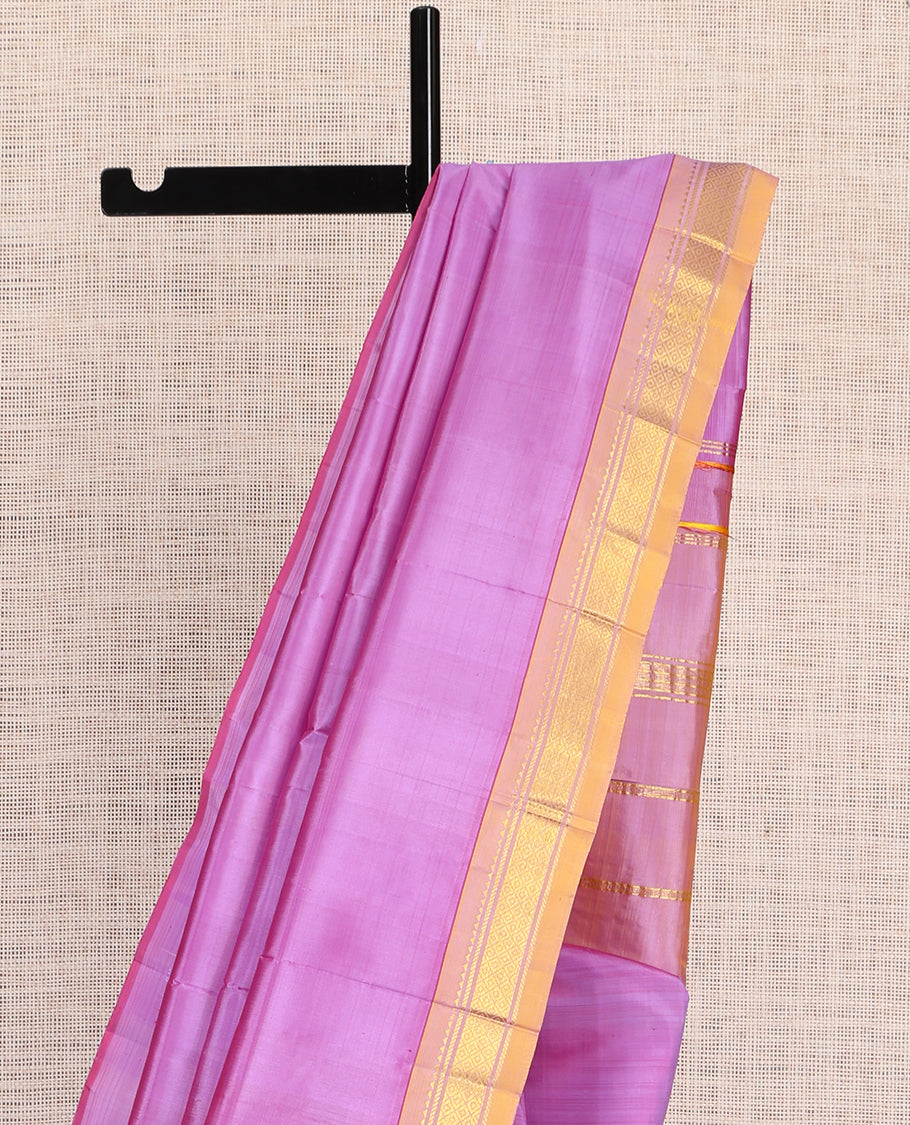 Purple Plain Kanchipuram Silk Saree, a Contrast One-Sided Border of Paneer Sombu, Banaras and Jaal Design, Zari Design Pallu, and No Blouse