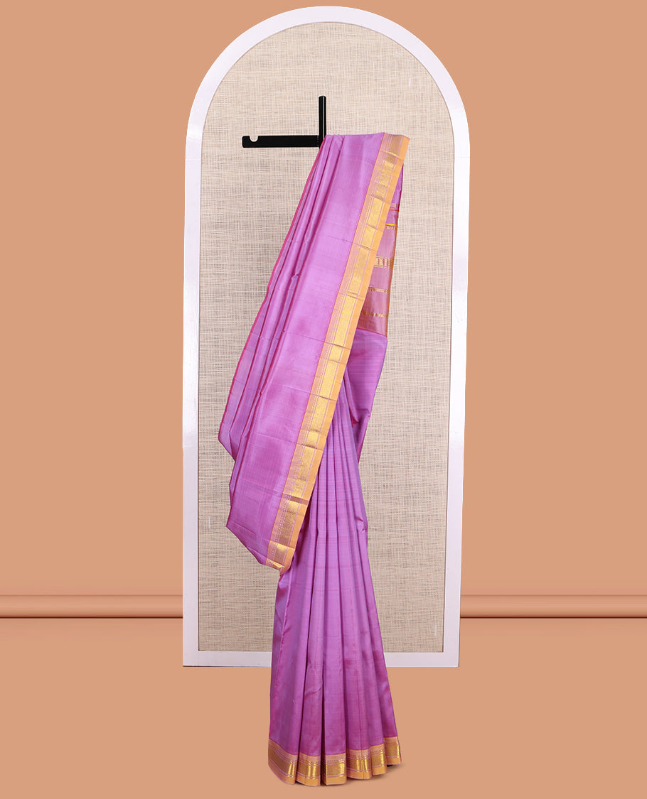 Purple Plain Kanchipuram Silk Saree, a Contrast One-Sided Border of Paneer Sombu, Banaras and Jaal Design, Zari Design Pallu, and No Blouse