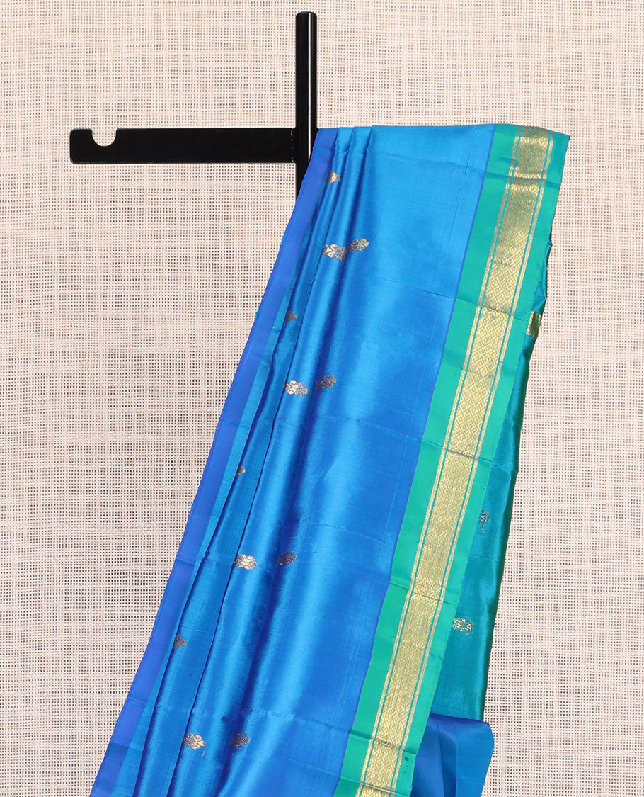 Blue Kanchipuram Silk Saree, Woven with Zari Buttas, a Contrast One-Sided Border of Banaras, and Mayil Kann Designs, Zari Design Pallu, and No Blouse