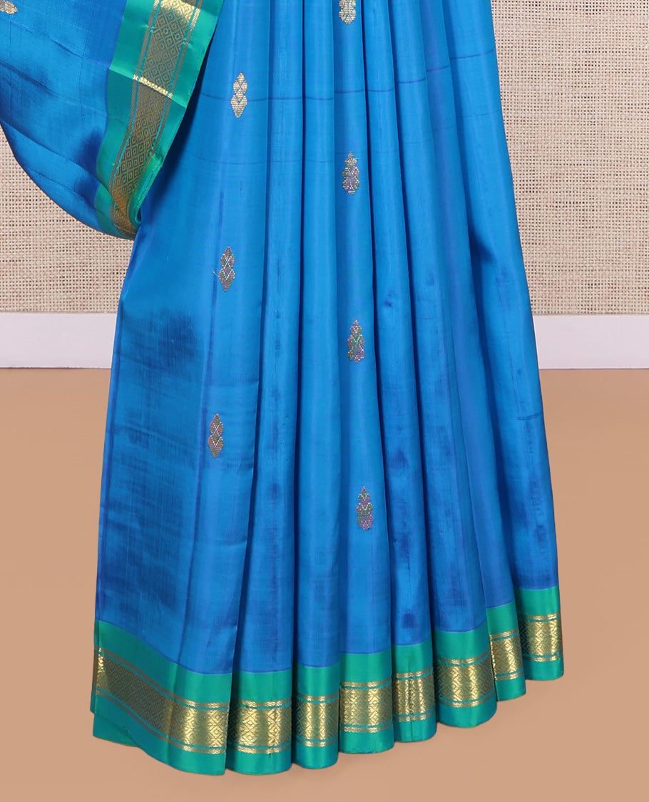 Blue Kanchipuram Silk Saree, Woven with Zari Buttas, a Contrast One-Sided Border of Banaras, and Mayil Kann Designs, Zari Design Pallu, and No Blouse