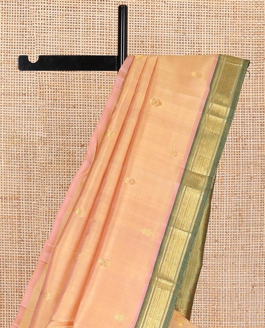 Peach buttas kancheepuram silk saree with contrast korvai intricate zari design border & floral design pallu