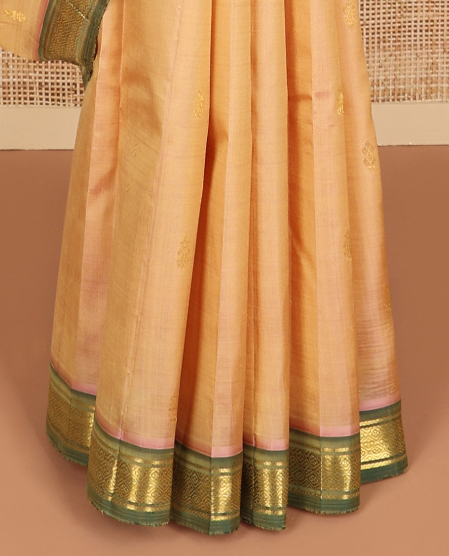 Peach buttas kancheepuram silk saree with contrast korvai intricate zari design border & floral design pallu